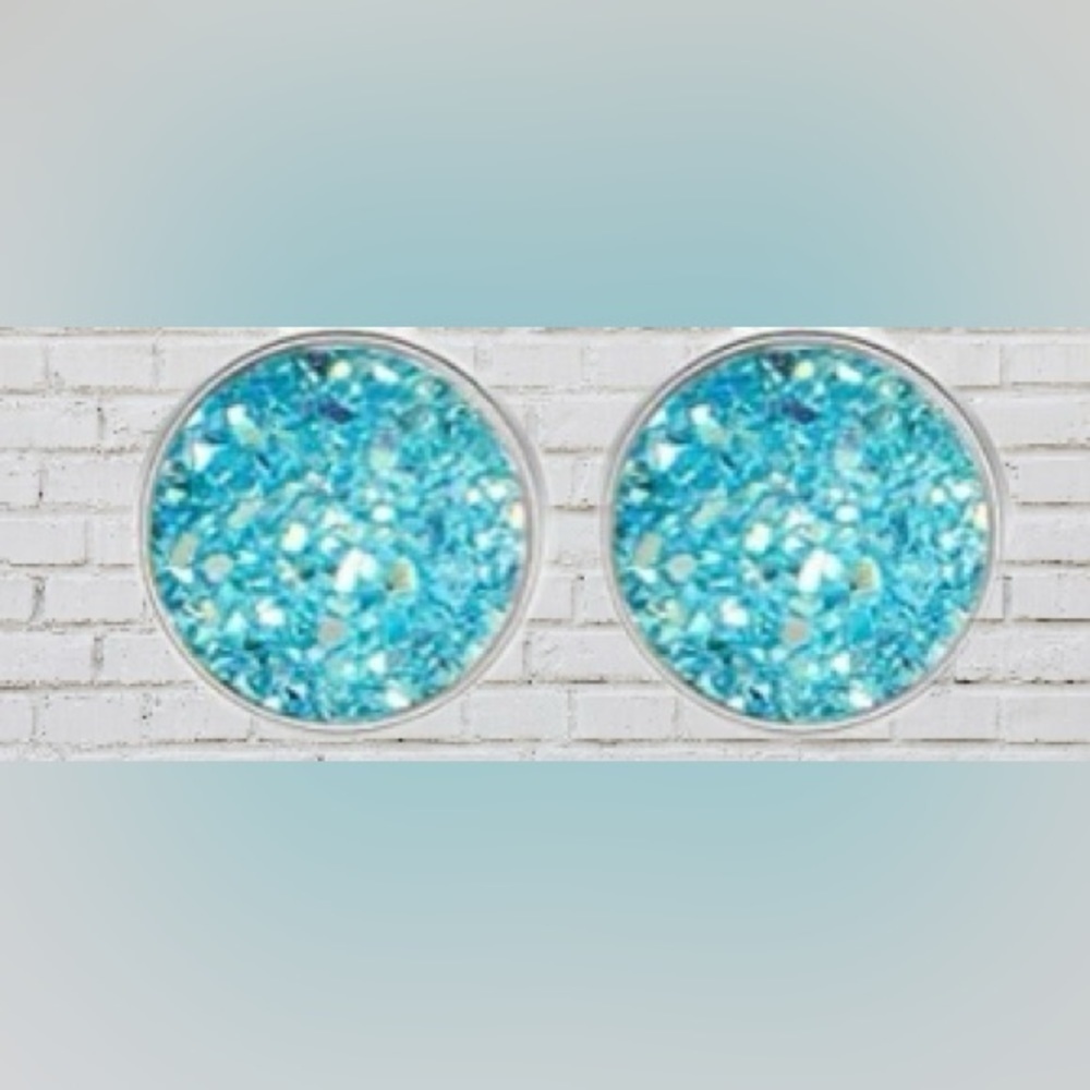 Light Blue Stud Stainless Steel Druzy Studs Earrings 12mm